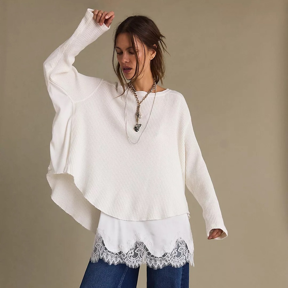 FP One Blake Thermal Oversized Scoop Neck Cotton Shirt Coconut Milk | Size M - Picture 2 of 7
